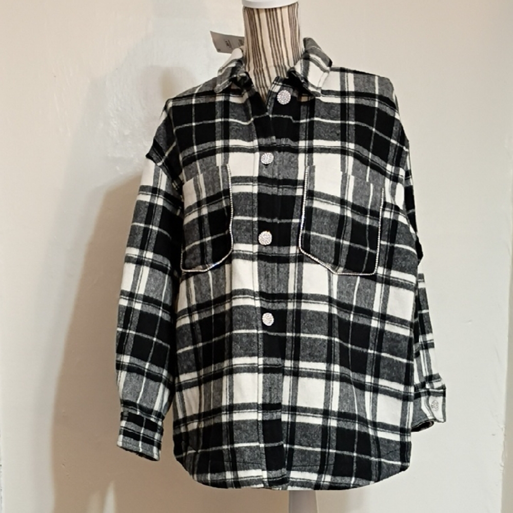 Zara Black Plaid Wool Flannel Blend Rhinestone Bling Shacket Size M NWT